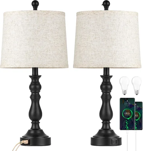 Vista 7 de Juego de 2 lámparas de mesa de granja de 23 pulgadas para sala de estar, con puertos USB C+A, lámpara de noche retro para dormitorio, oficina, negro