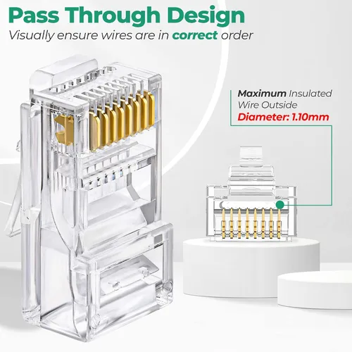 Vista 2 de Conectores de paso RJ45 Cat6, conectores de crimpado de cable Ethernet chapados en oro, enchufe de red UTP para cables sólidos y cables Ethernet