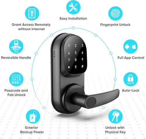 Vista 2 de Sifely Keyless Entry Smart Lock - Acceso de huellas dactilares y teclado, manija de puerta delantera, color negro