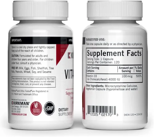Vista 2 de Kirkman Vitamina D-3 4000 UI - Hipoalergénico 120 cápsulas vegetarianas Sin gluten Sin caseína Las cápsulas son a base de plantas