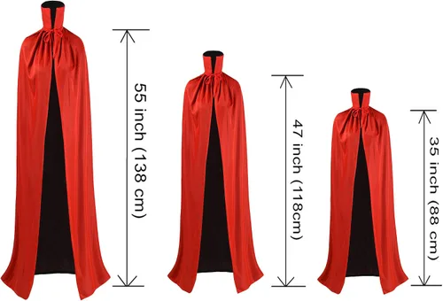 Vista 15 de OurLore Disfraz reversible de capa para fiesta de máscaras, Halloween, Navidad, color negro y rojo (35 pulgadas, con capucha)