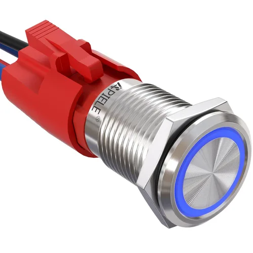 Vista 11 de APIELE - Interruptor de botón de cierre de 16mm, 12V, ojo de ángel LED, impermeable, redondo, autobloqueante, 1NO (aluminio negro, azul)