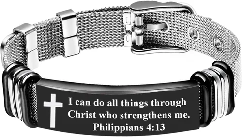 Vista 12 de Pulsera de Cruz para Hombres de Acero Inoxidable Pulsera Cristiana Joyería Religiosa con Diseño de Malla Moderno Regalo de Personalidad para Hombres