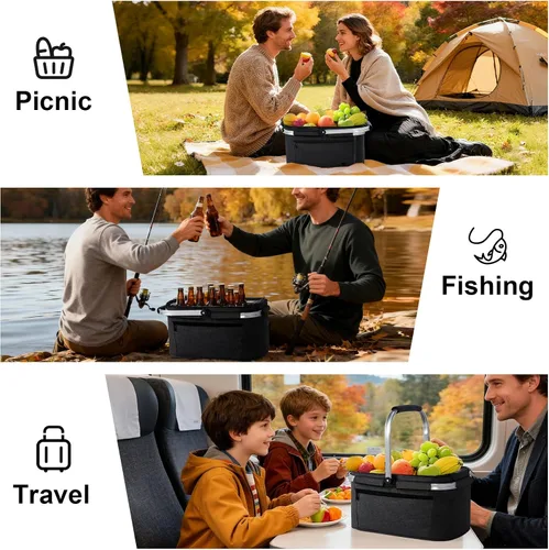 Vista 7 de ALLCAMP Cesta de pícnic, 2 cajas de hielo incluidas con enfriador aislado de 32 litros, cesta de picnic plegable gruesa con cestas extraíbles