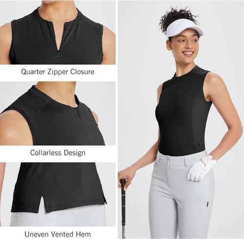 Vista 5 de BALEAF Camisa de golf sin mangas para mujer, bolsillo lateral con cremallera de un cuarto, ligera, de secado rápido, sin cuello, sin mangas, tenis
