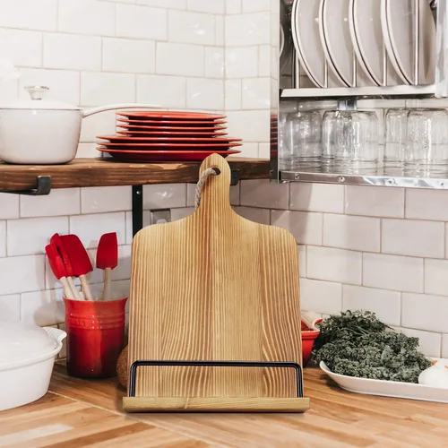 Vista 2 de Soligt Soporte para Libro de Cocina para Encimera de Cocina iPad Tableta Ajustable Soporte para Libro de Recetas Estilo Tabla de Cortar de Madera