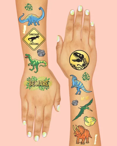Vista 4 de xo, Fetti Tatuajes temporales de dinosaurios – Lámina dorada, 44 piezas Suministros para fiestas de cumpleaños jurásicas para niños, recuerdo