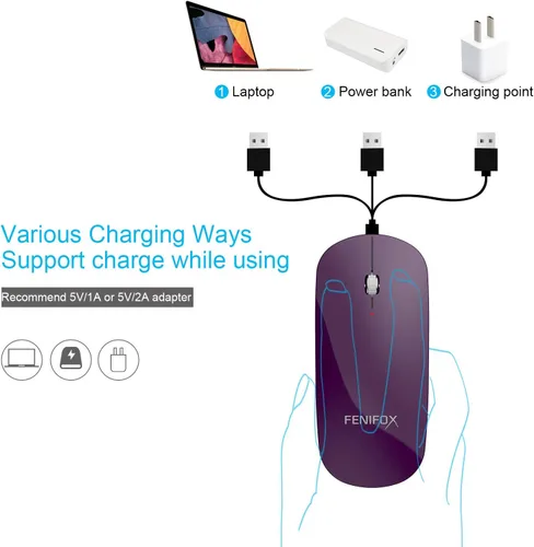 Vista 27 de FENIFOX mini mouse Bluetooth, mouse óptico móvil portable ultrafino con batería recargable para PC, Mac, laptop, tablet Android, Negro