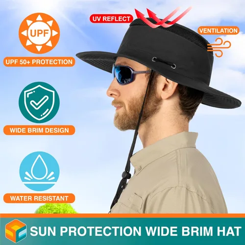 Vista 3 de SUN CUBE Sombrero de ala ancha para hombres y mujeres, protección solar UV, sombrero de safari para senderismo