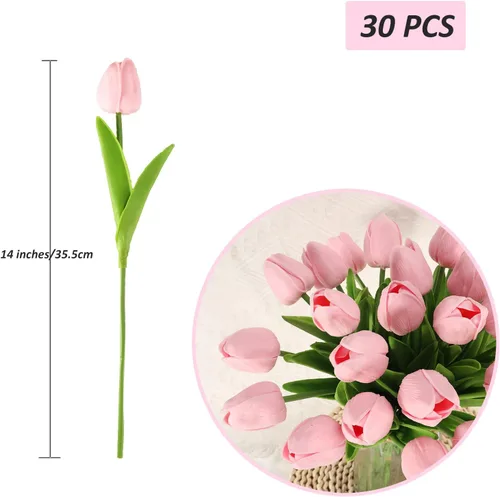Vista 2 de 30 tulipanes reales al tacto, flores de poliuretano, tulipanes artificiales para arreglos de boda, fiesta, Pascua, primavera, hogar, comedor, Rosa