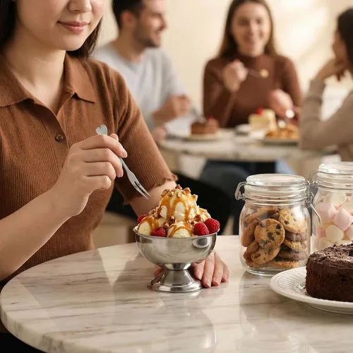 Vista 4 de Vasos de postre de acero inoxidable, cuencos con patas de helado de 5.5 onzas con tenedores, tazas plateadas para servir, mini cuencos de postre
