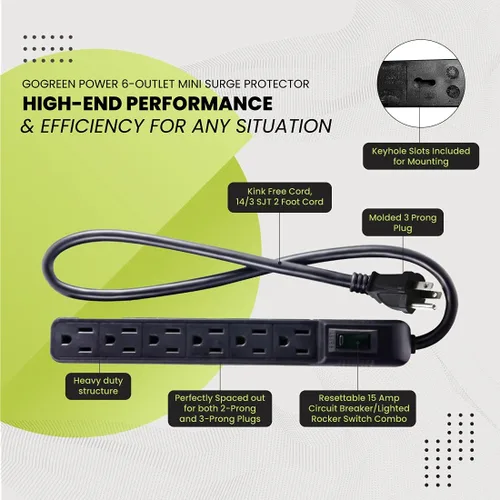 Vista 4 de Go Green Power Inc. GG-16103MINBK - Protector de sobretensiones de 6 tomas, color negro