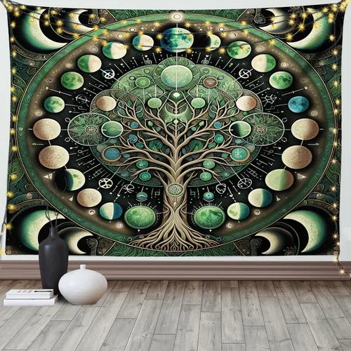 Vista 148 de Ambesonne Tapiz verde, fases lunares alrededor de un árbol de la vida, impresión de diseño bohemio de astrología nocturna, decoración de tela
