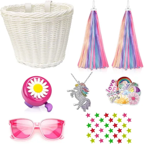 Vista 11 de Cesta de bicicleta para manillar para niñas con collar de unicornio, campana, serpentinas, cuentas de rueda, lentes de sol, calcomanías, juego