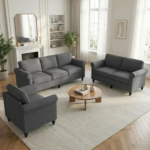 Vista 12 de Mjkone Juego de 2 Piezas para Sala de Estar, Sofás Seccionales, Juego de Sofá y Silla, Sofá Moderno de Lino con Marco de Madera y Patas