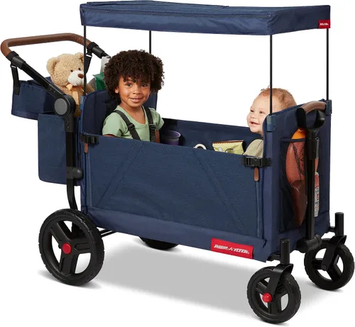 Vista 4 de Radio Flyer Atlas Stroll 'N Wagon, azul marino, para mayores de 1 año, versatilidad de empuje o tracción 3 en 1, plegable con una sola mano, toldo