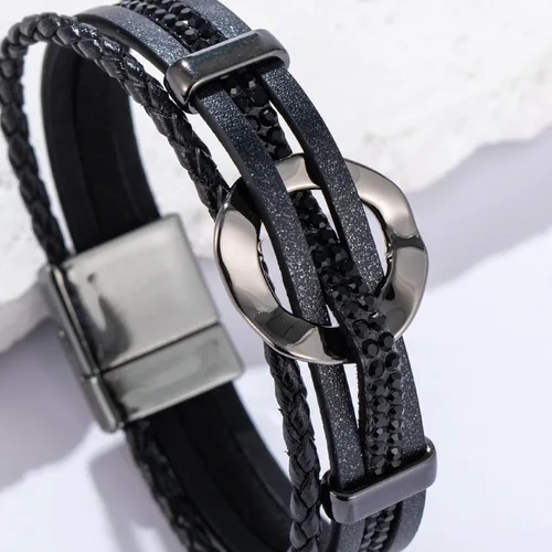 Vista 4 de Pulseras de cuero con diamantes de imitación, estilo bohemio, trenzadas Negro