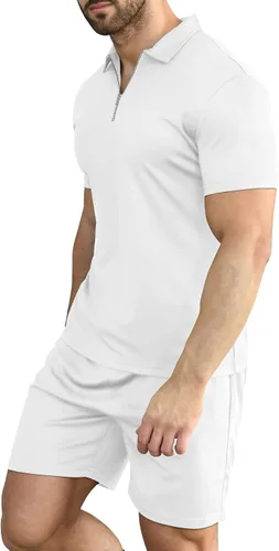 Vista 2 de YTD Conjunto de camisa polo y pantalones cortos de manga corta para hombre, conjunto de dos piezas de verano con cremallera, conjunto deportivo