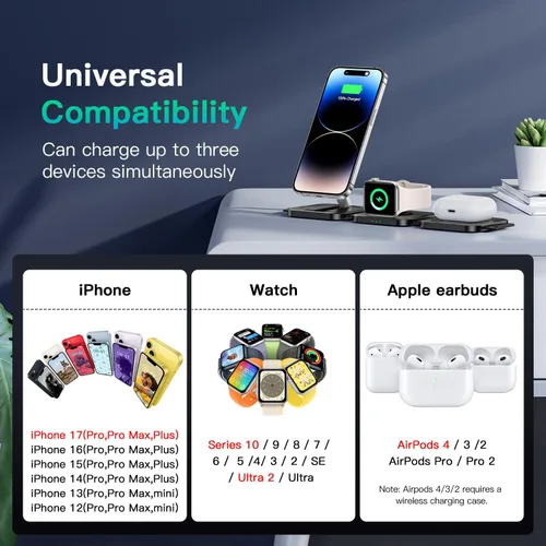 Vista 7 de Esenciales de viaje para cargador de Apple Watch, estación de carga 3 en 1 para dispositivos Apple, estación de carga inalámbrica plegable