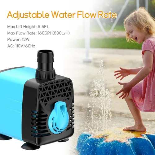 Vista 3 de POPOSOAP Bomba de agua sumergible de 160 GPH, bomba de agua de acuario de elevación de 5.5 pies, 12 W CA 110 V, bomba de fuente ultra silenciosa