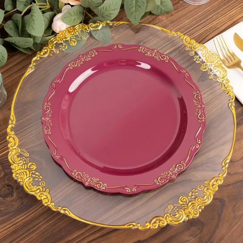 Vista 17 de Efavormart - Paquete de 10 platos desechables de 7 pulgadas transparentes con borde vintage burdeos, elegantes platos de postre de plástico