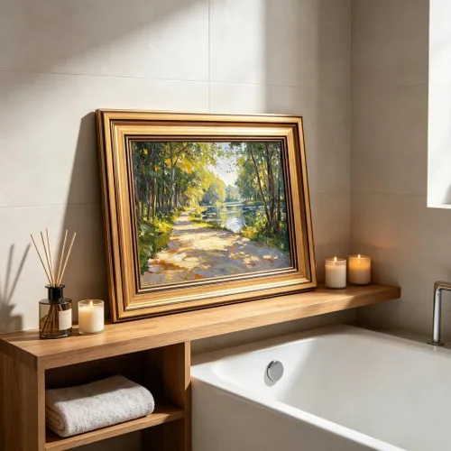 Vista 8 de Lienzo enmarcado en oro, bosque de sol, arte de pared, textura 3D, impresionista, paisaje, decoración, imagen, primavera, verano, naturaleza