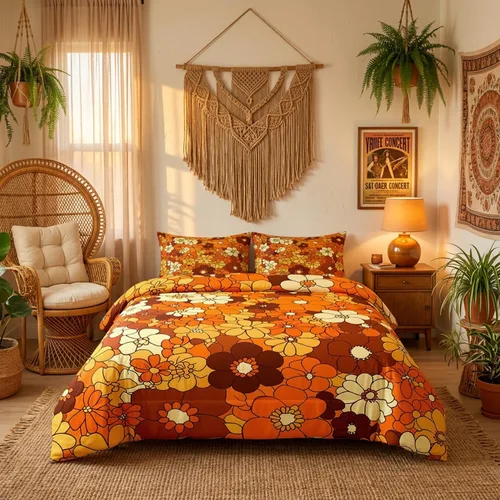 Vista 3 de Juego de ropa de cama con estampado floral bohemio, tamaño individual, diseño retro de flores groovy, 60S y 70S, juego de edredón de flores hippie