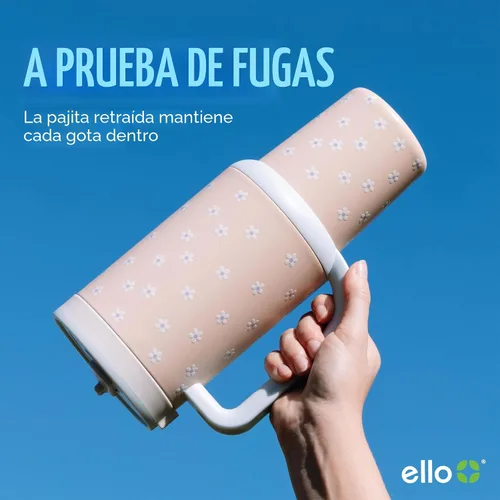 Vista 3 de Ello Oasis Vaso de 24 oz con asa y popote retráctil Taza reutilizable de acero inoxidable aislada 100% a prueba de fugas, regalos