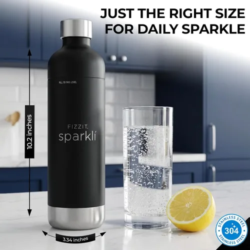 Vista 5 de FIZZIT Botella de Carbonatación de Acero Inoxidable Negro Compatible con Algunos Fabricantes de Soda Botella de Agua con Gas Reutilizable, Apta
