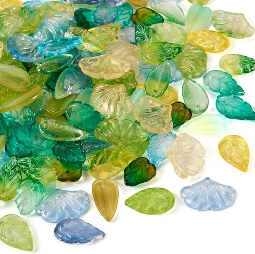 Vista 7 de Pandahall - 150 cuentas de hojas verdes de cristal transparente para árbol de cristal, pequeñas hojas verdes para manualidades, manualidades