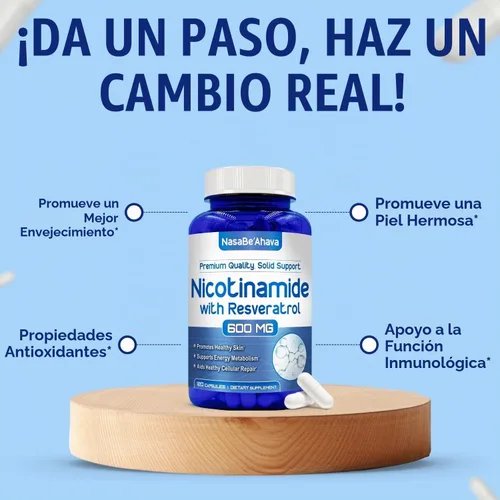 Vista 6 de Resveratrol con vitamina B3 Nicotinamida 500mg Precursor NAD+ y complejo de longevidad con forma de nicotinamida de vitamina B3 Niacina sin