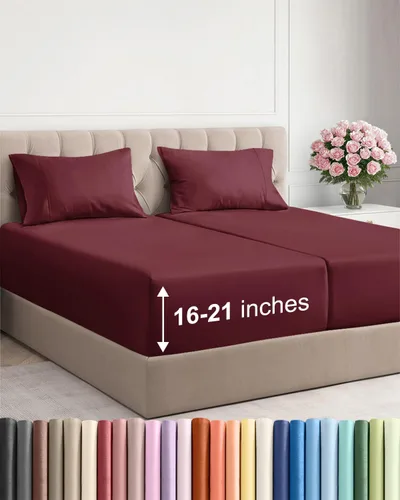 Vista 133 de Juego de sábanas tamaño Queen con bolsillos extra profundos, sábanas transpirables y refrescantes de 4 piezas, ropa de cama de lujo para hotel