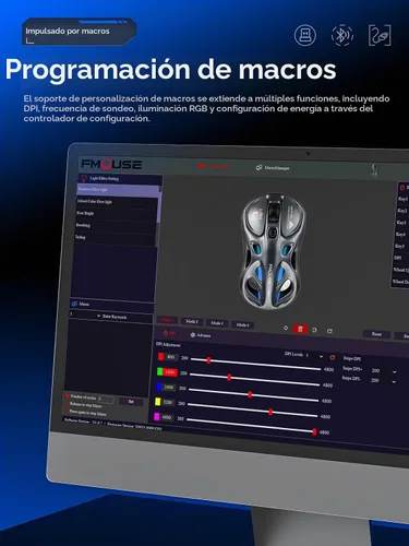 Vista 6 de FMOUSE Ratón inalámbrico para juegos, trimodo (2.4 G/Bluetooth/cableado), 4800 DPI, 1000 Hz ergonómico hueco RGB recargable tipo C para Gris