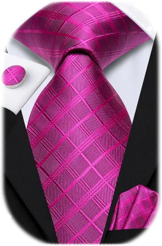 Vista 339 de Hi-Tie Corbata clásica de cachemira para hombre con pañuelo y gemelos a cuadros