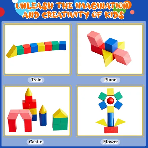 Vista 4 de Deekin - 70 piezas de madera geométrica sólida mini formas 3D bloque de madera a granel Montessori juguetes manipulativos bloque de forma primaria