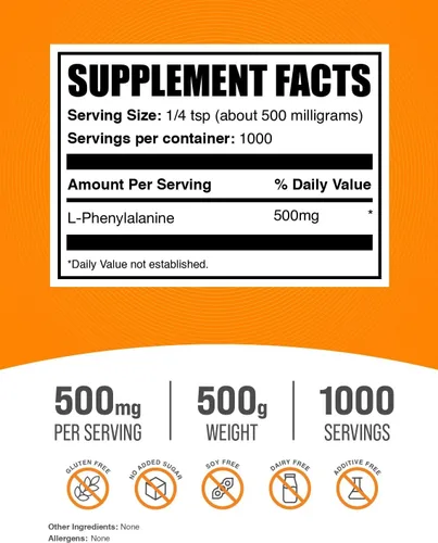 Vista 2 de BulkSupplements. com L-fenilalanina en polvo - suplemento de fenilalanina, L-fenilalanina 500 mg - Suplemento de aminoácidos, sin gluten, 500 mg por