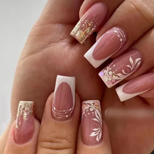 Vista 26 de MISUD Uñas a presión – Uñas cuadradas largas con pegamento rosa y negro, acrílico Y2K diseño de dijes de 24 piezas
