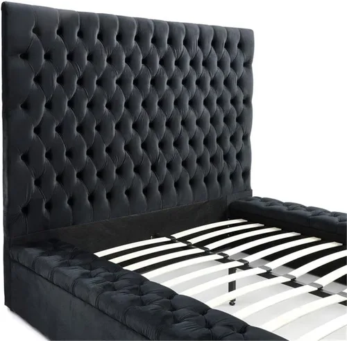 Vista 8 de Pemberly Row Cama de plataforma tamaño Queen con cabecero, pie de cama, plataforma, listones de madera en terciopelo, con almacenamiento en negro