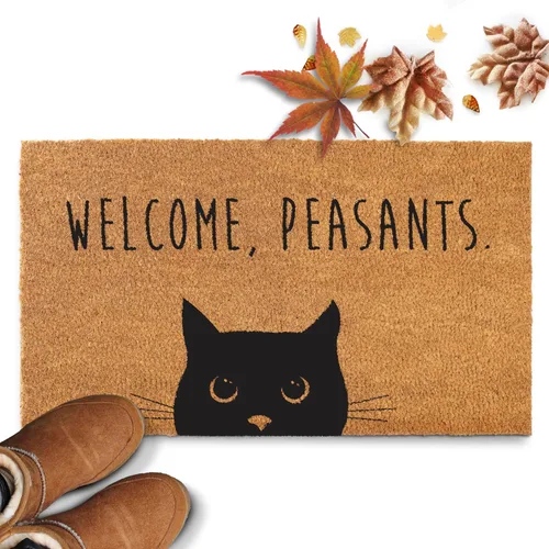 Vista 7 de Felpudo de bienvenida con diseño de campesinos y gatos de 30 x 17 pulgadas, divertido tapete de puerta de gato negro para áreas cubiertas, divertido