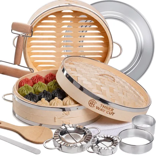 Vista 8 de Dumpling - Vaporera de Bambú de 10 Pulgadas, Canasta de Madera de 2 Niveles con Mango, Adaptador de Anillo, Forro de Silicona Reutilizable, Kit