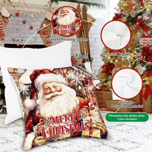 Vista 3 de Lanpn Juego de 4 fundas de almohada de Navidad de 16 x 16 pulgadas, cojín de decoración de Navidad, almohadas rojas de Navidad, funda de almohada