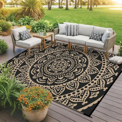 Vista 2 de Bsmathom Alfombra impermeable para exteriores de 5'x8' reversible de pajita de plástico estilo boho para patio, terraza, camping, alfombras para RV