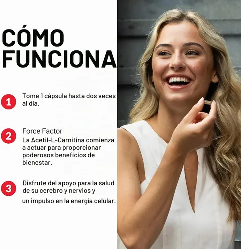 Vista 4 de Force Factor Acetil L-Carnitina Suplemento cerebral y suplemento de apoyo nervioso