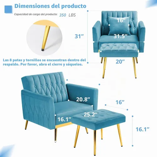 Vista 3 de Silla decorativa de terciopelo con otomana y respaldo ajustable