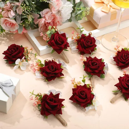 Vista 5 de Sherr Juego de 24 boutonniere burdeos para hombre, diseño de rosa para boda, bolsillo con alfileres, para novio, padrinos de boda, ramillete, traje