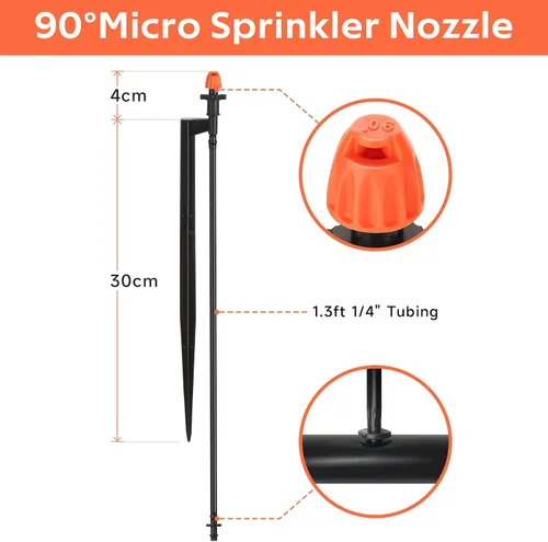 Vista 2 de Cabezales de Aspersor Micro de Goteo con Estaca: Boquilla de Aspersor de 90 Grados con Tubo de Riego por Goteo de 1/4" - Paquete de 10 Emisores