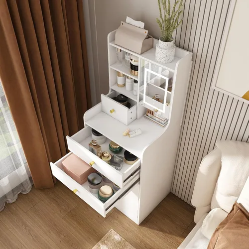 Vista 7 de Runboll - Mesa de Tocador Compacta con Taburete de Almacenamiento y Espejo Iluminado Ajustable, Escritorio de Maquillaje Pequeño 3-en-1 con 4