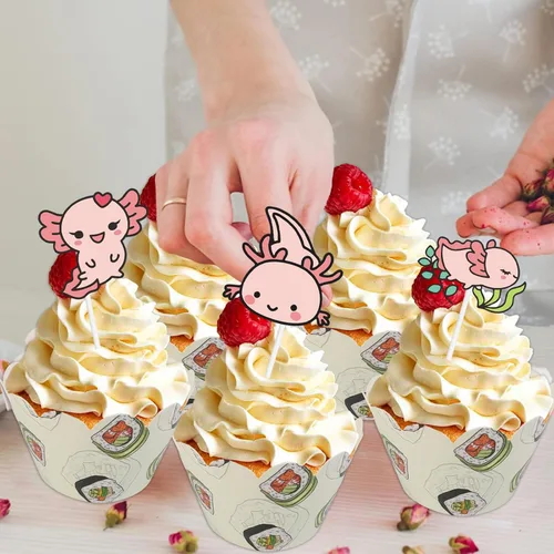 Vista 6 de 18 piezas de decoración de postre de ajolote rosa con purpurina, diseño de animales de dibujos animados, baby shower, niñas y niños, decoración