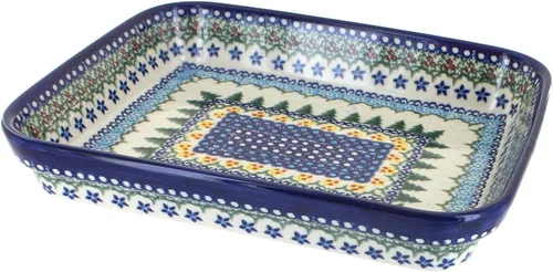 Vista 2 de Blue Rose Polish Pottery - Blue Arctic Holidays Molde Rectangular Pequeño - 9" x 7" - Único, Apto para Lavavajillas y Duradero para Hornear