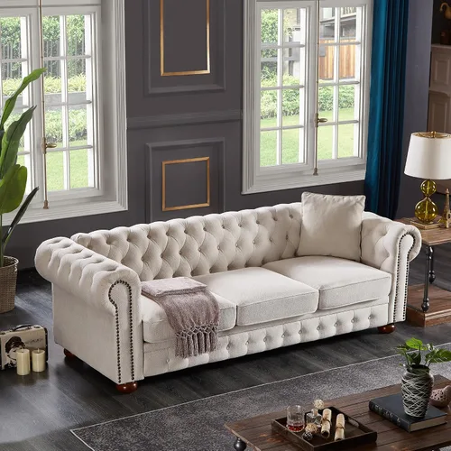 Vista 2 de Lestar Sofá Chesterfield de 3 plazas de 88 pulgadas con decoración de uñas en tela de lino, cómodos sofás para sala de estar (beige)